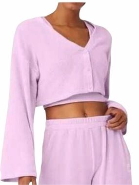 Alo Yoga Cropped Cardigan Chenille Sugarplum Pink Lounge Top Size Large
